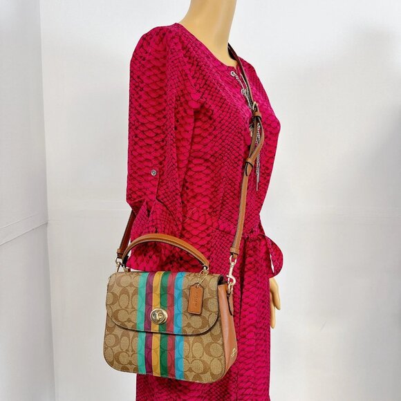 Coach C5644 Marlie Top Handle Satchel In Signature Canvas With Stripe Khaki Mult - Picture 1 of 10